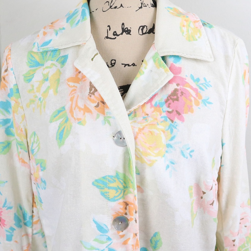 J Jill Women's Size Small Linen Blend Floral Pleated Long Jacket Pockets Boho - Picture 4 of 16